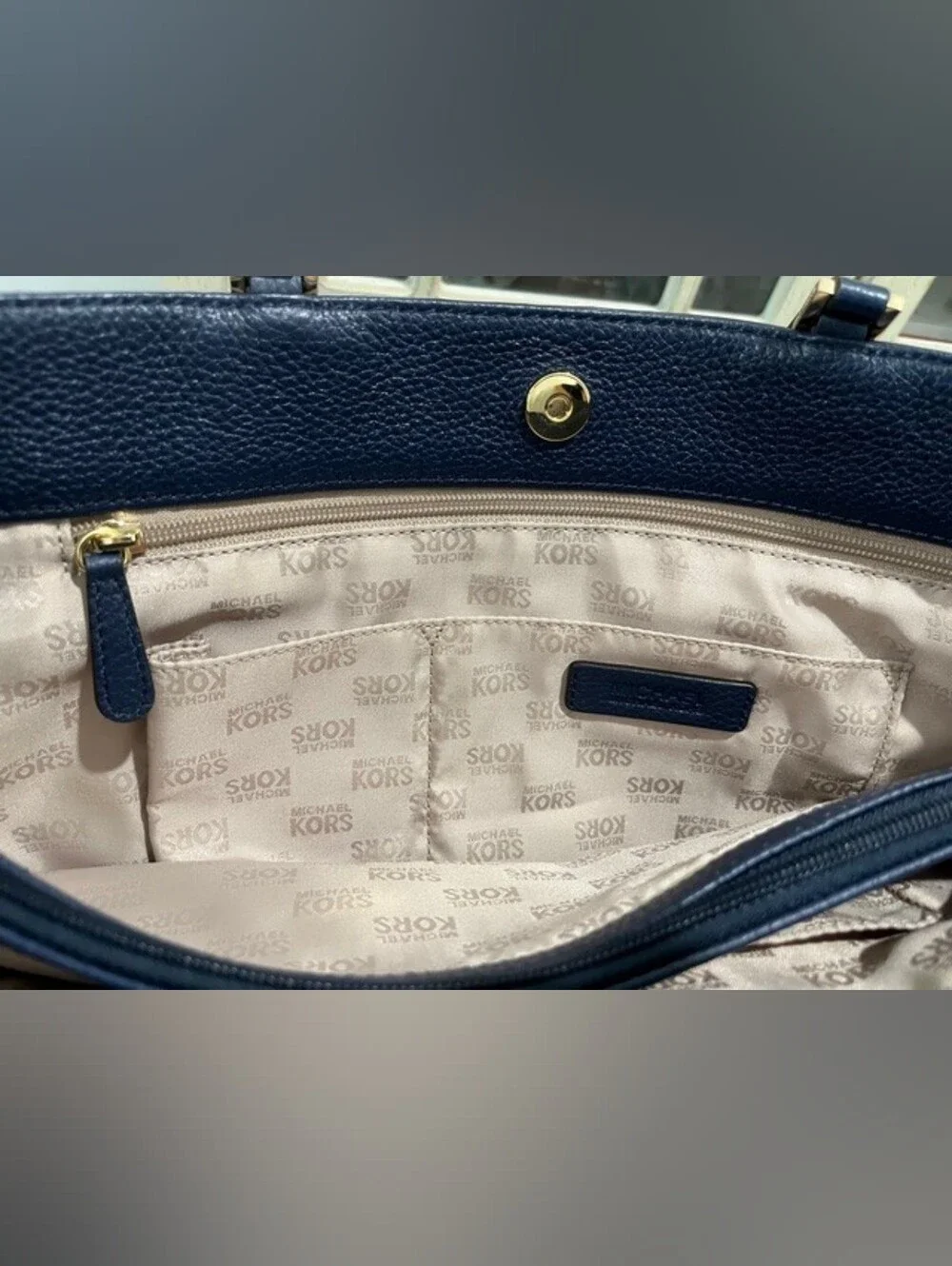 Michael Kors Navy Pebbled Leather Large Harper Tote W/Goldtone Trim New With Tag
